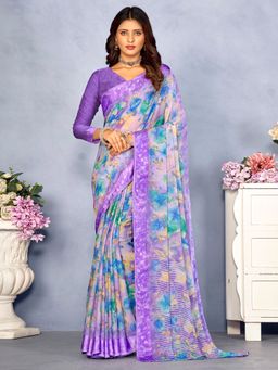 Akhilam - Women's Chiffon Lavender Floral Designer Saree with Unstitched Blouse