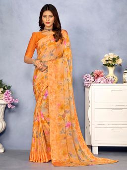 Akhilam - Women's Chiffon Orange Floral Designer Saree with Unstitched Blouse