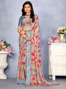 Akhilam - Women's Chiffon Grey Floral Designer Saree with Unstitched Blouse