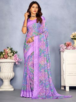 Akhilam - Women's Chiffon Lavender Floral Designer Saree with Unstitched Blouse
