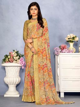 Akhilam - Women's Chiffon Camel Brown Floral Designer Saree with Unstitched Blouse