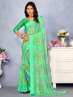 Akhilam - Women's Chiffon Sea Green Floral Designer Saree with Unstitched Blouse