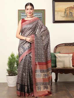 Akhilam - Women's Dola Silk Black Printed Designer Saree with Unstitched Blouse