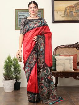 Akhilam - Women's Dola Silk Red Printed Designer Saree with Unstitched Blouse