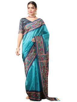 Akhilam - Women's Dola Silk Blue Printed Designer Saree with Unstitched Blouse