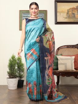 Akhilam - Women's Dola Silk Blue Printed Designer Saree with Unstitched Blouse