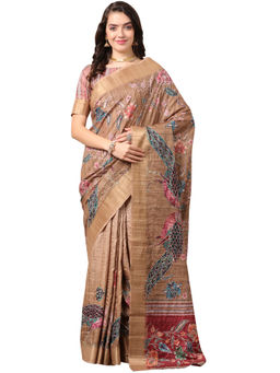 Akhilam - Women's Dola Silk Brown Embroidered Designer Saree with Unstitched Blouse