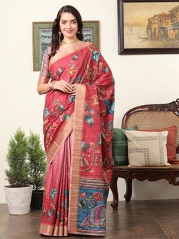 Akhilam - Women's Dola Silk Pink Embroidered Designer Saree with Unstitched Blouse