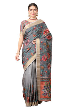 Akhilam - Women's Dola Silk Grey Embroidered Designer Saree with Unstitched Blouse