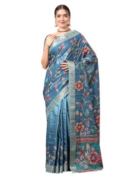 Akhilam - Women's Dola Silk Blue Embroidered Designer Saree with Unstitched Blouse