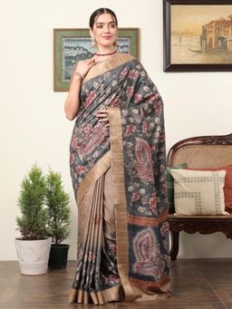 Akhilam - Women's Dola Silk Charcoal Grey Embroidered Designer Saree with Unstitched Blouse