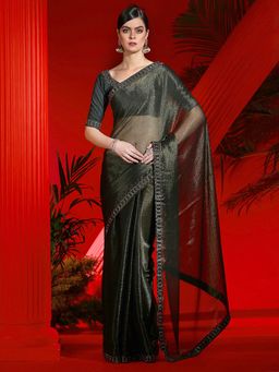 Akhilam - Women's Organza Olive Embellished Designer Saree with Unstitched Blouse