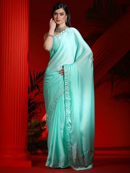 Akhilam - Women's Chiffon Turquoise Embellished Designer Saree with Unstitched Blouse
