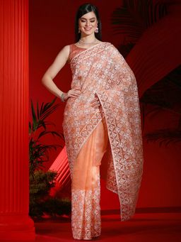 Akhilam - Women's Organza Peach Embroidered Designer Saree with Unstitched Blouse