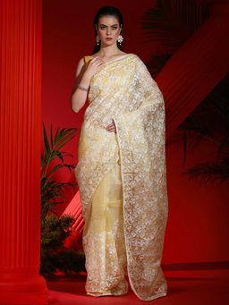 Akhilam - Women's Organza Yellow Embroidered Designer Saree with Unstitched Blouse