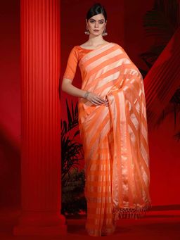Akhilam - Women's Chiffon Orange Embellished Designer Saree with Unstitched Blouse