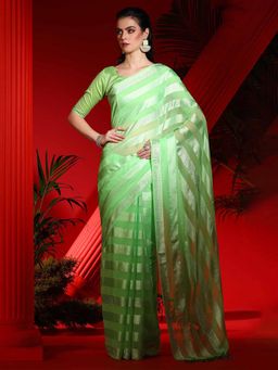 Akhilam - Women's Chiffon Light Green Embellished Designer Saree with Unstitched Blouse