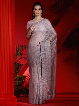 Akhilam - Women's Net Mauve Embellished Designer Saree with Unstitched Blouse