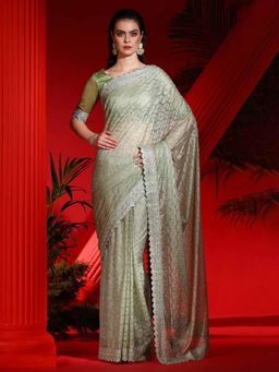 Akhilam - Women's Net Light Green Embellished Designer Saree with Unstitched Blouse