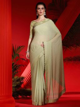 Akhilam - Women's Georgette Light Green Embellished Designer Saree with Unstitched Blouse