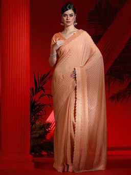 Akhilam - Women's Georgette Peach Embellished Designer Saree with Unstitched Blouse