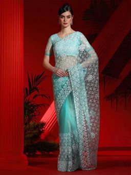 Akhilam - Women's Net Teal Embroidered Designer Saree with Unstitched Blouse