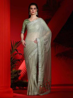 Akhilam - Women's Net Olive Embellished Designer Saree with Unstitched Blouse