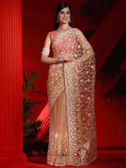 Akhilam - Women's Net Peach Embellished Designer Saree with Unstitched Blouse