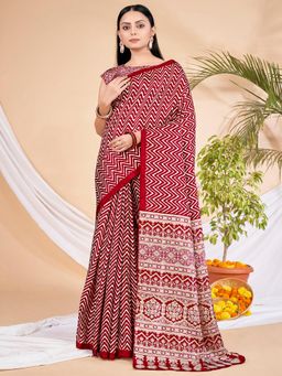 Akhilam - Women's Dola Silk Red Printed Designer Saree with Unstitched Blouse