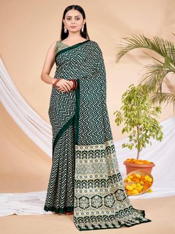 Akhilam - Women's Dola Silk Dark Green Printed Designer Saree with Unstitched Blouse