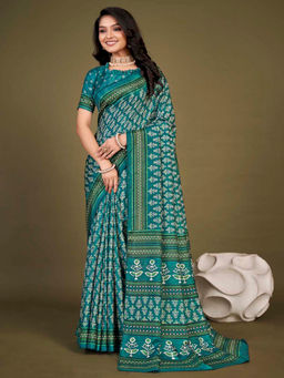 Akhilam - Women's Dola Silk Teal Blue Printed Designer Saree with Unstitched Blouse