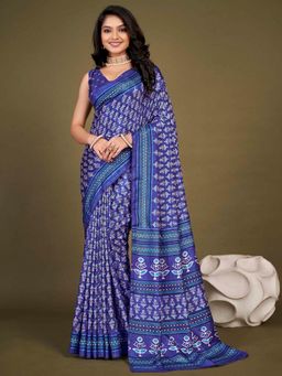 Akhilam - Women's Dola Silk Purple Printed Designer Saree with Unstitched Blouse