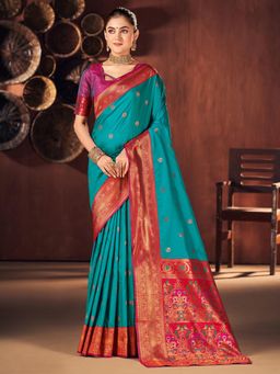 Akhilam - Women's Silk Blend Blue Woven Designer Saree with Unstitched Blouse