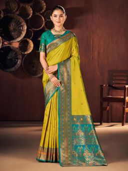 Akhilam - Women's Silk Blend Green Woven Designer Saree with Unstitched Blouse