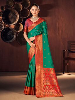 Akhilam - Women's Silk Blend Teal Woven Designer Saree with Unstitched Blouse