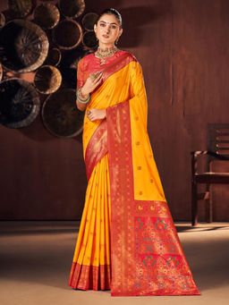 Akhilam - Women's Silk Blend Yellow Woven Designer Saree with Unstitched Blouse