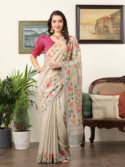 Akhilam - Women's Chanderi Beige Floral Designer Saree with Unstitched Blouse