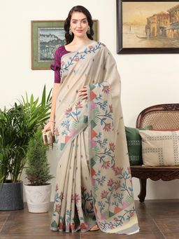Akhilam - Women's Chanderi Beige Floral Designer Saree with Unstitched Blouse