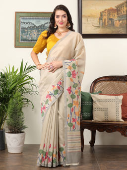 Akhilam - Women's Chanderi Beige Floral Designer Saree with Unstitched Blouse