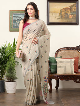 Akhilam - Women's Chanderi Beige Floral Designer Saree with Unstitched Blouse