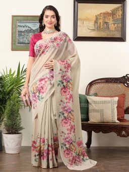 Akhilam - Women's Chanderi Beige Floral Designer Saree with Unstitched Blouse