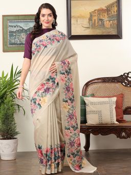 Akhilam - Women's Chanderi Beige Floral Designer Saree with Unstitched Blouse