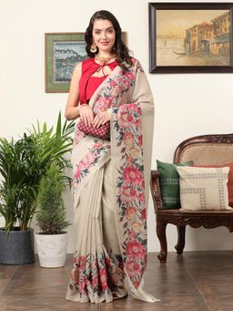 Akhilam - Women's Chanderi Beige Floral Designer Saree with Unstitched Blouse