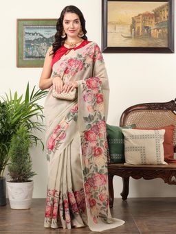 Akhilam - Women's Chanderi Beige Floral Designer Saree with Unstitched Blouse