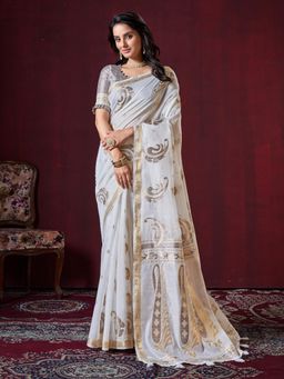 Akhilam - Women's Cotton Silk Off White Woven Designer Saree with Unstitched Blouse