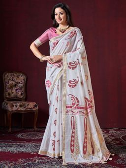 Akhilam - Women's Cotton Silk Off White Woven Designer Saree with Unstitched Blouse