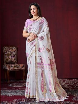 Akhilam - Women's Cotton Silk Off White Woven Designer Saree with Unstitched Blouse