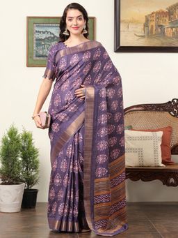 Akhilam - Women's Silk Blend Violet Printed Designer Saree with Unstitched Blouse