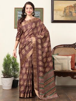 Akhilam - Women's Silk Blend Brown Printed Designer Saree with Unstitched Blouse