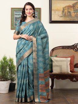 Akhilam - Women's Silk Blend Light Blue Printed Designer Saree with Unstitched Blouse